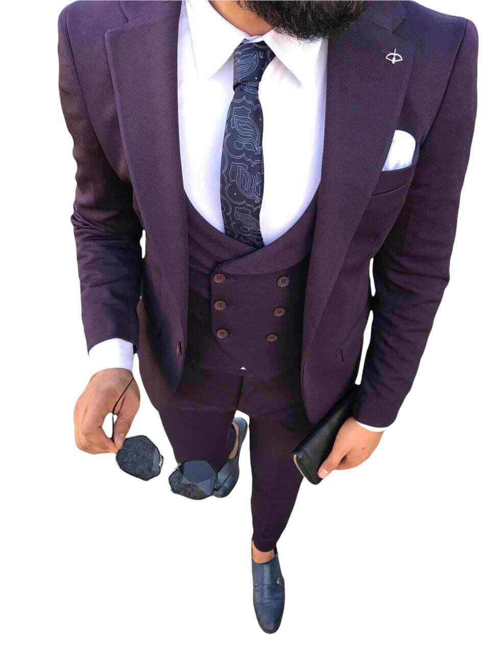 Designer business purple violet men’s suit sport coat vest pants fitted slim 50