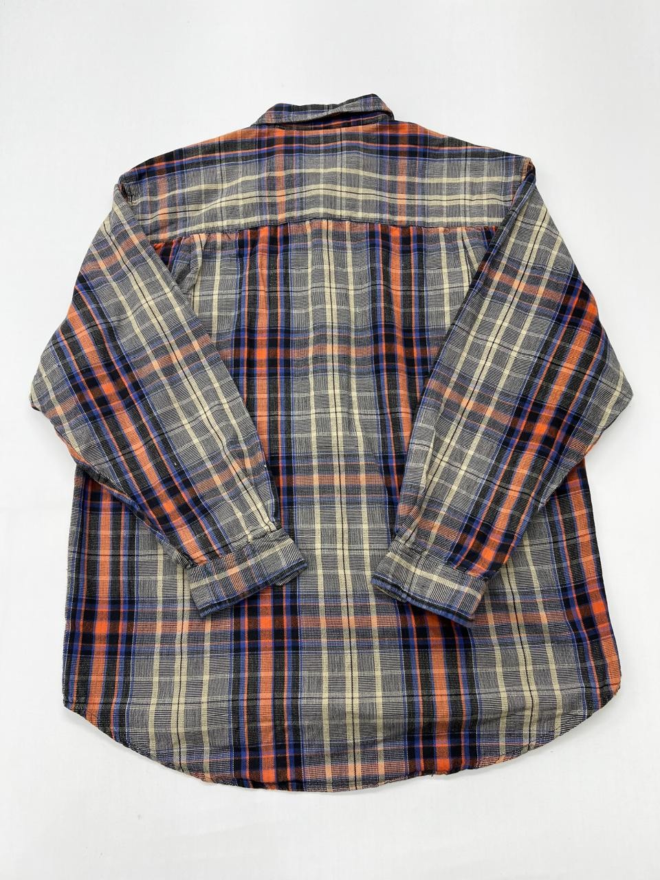 Vintage Boys Blue Orange Plaid Button Down Shirt Big Child 100%