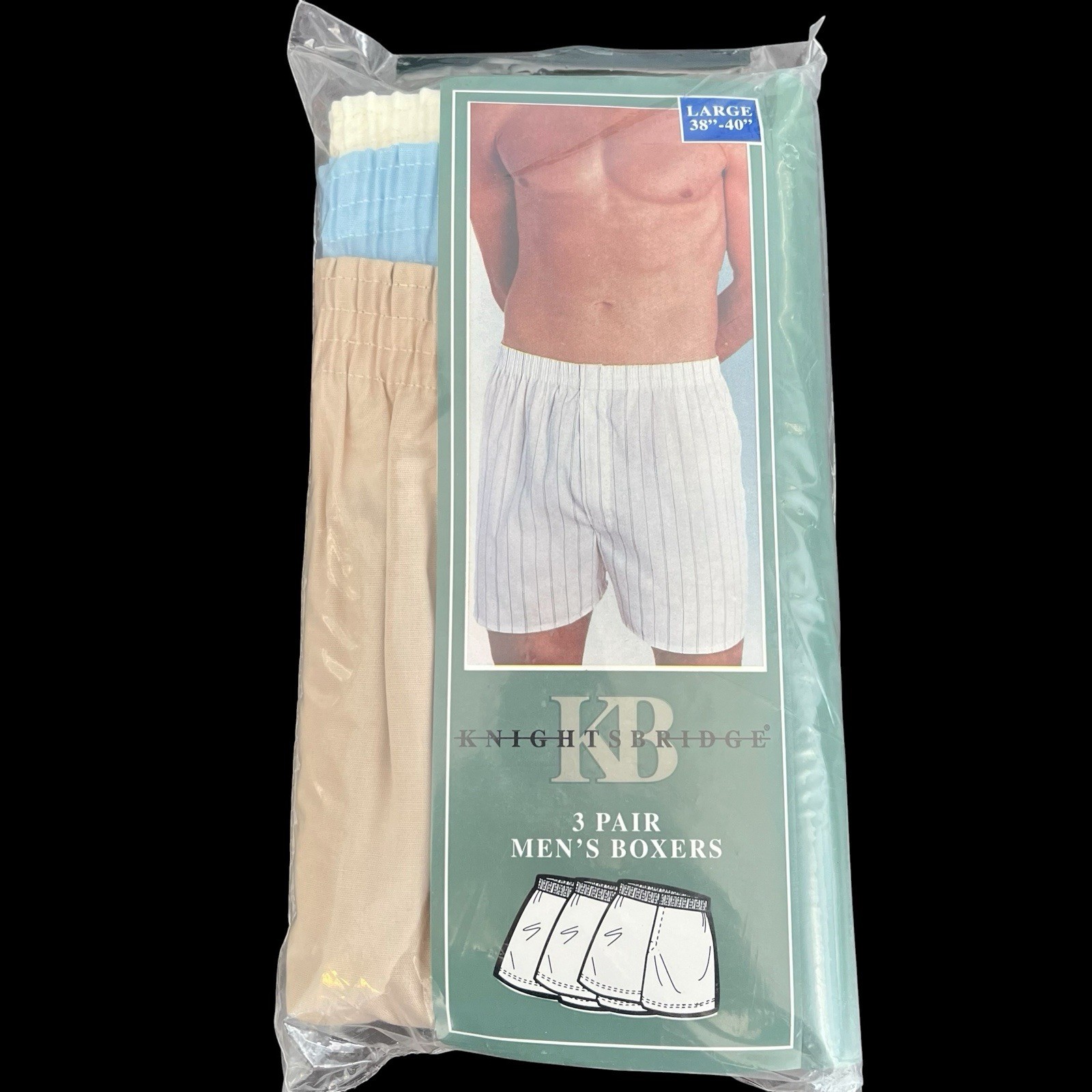 VTG Knightsbridge Kmart Boxer Shorts 3 Pr Solid Cream Blue Tan Sz L 38-40 NOS