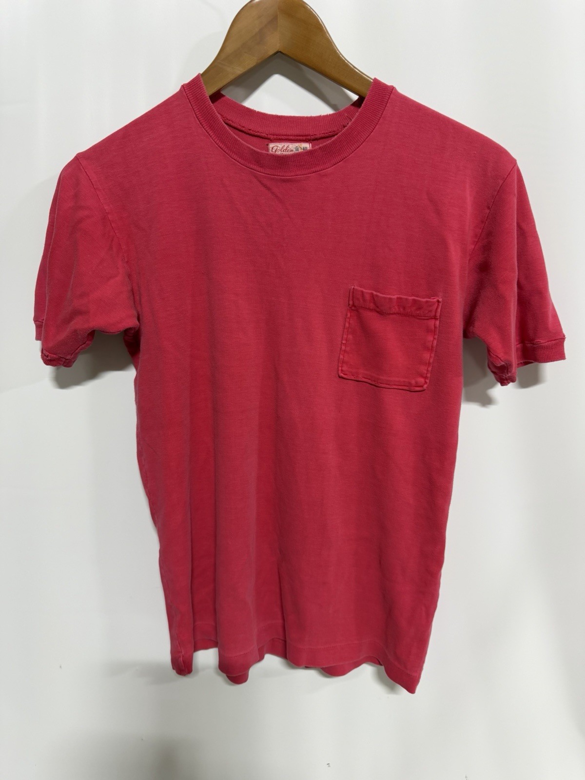 Vintage 70s/80s Pocket Shirt YouthXL? Blank faded red repairs – see measurements