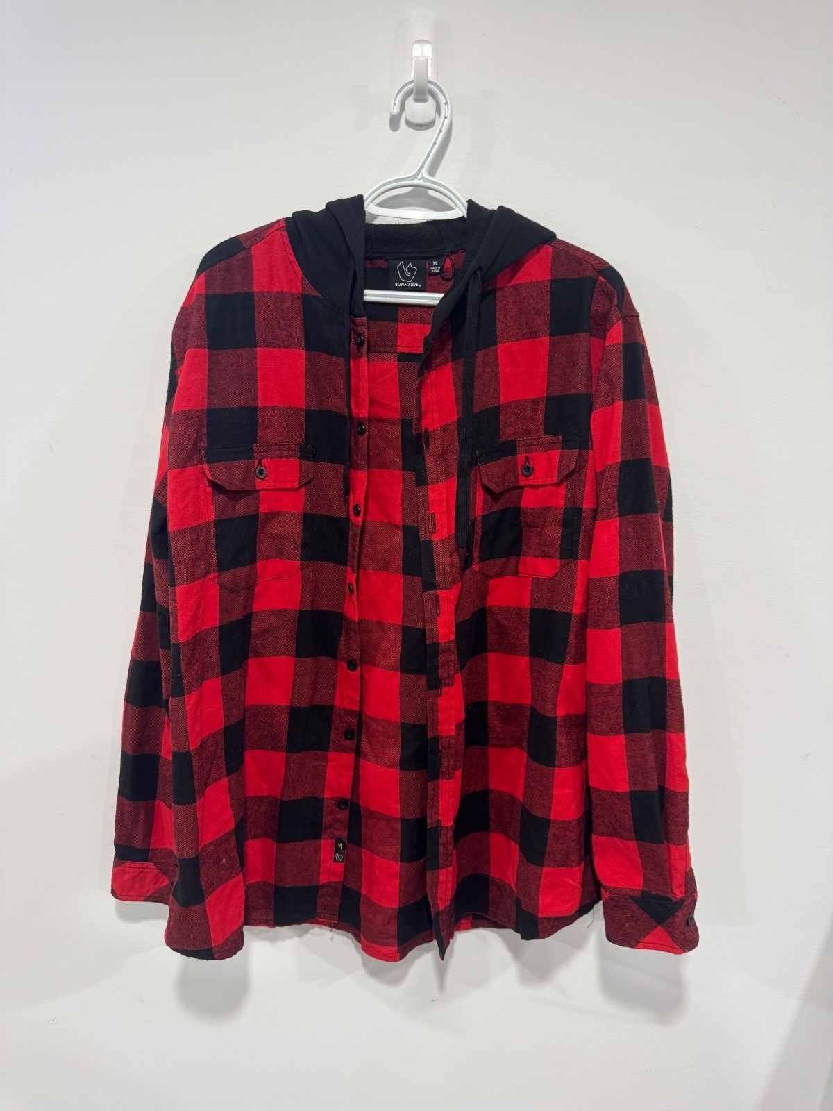 Men’s Red and Black Plaid Hooded Flannel Button Down