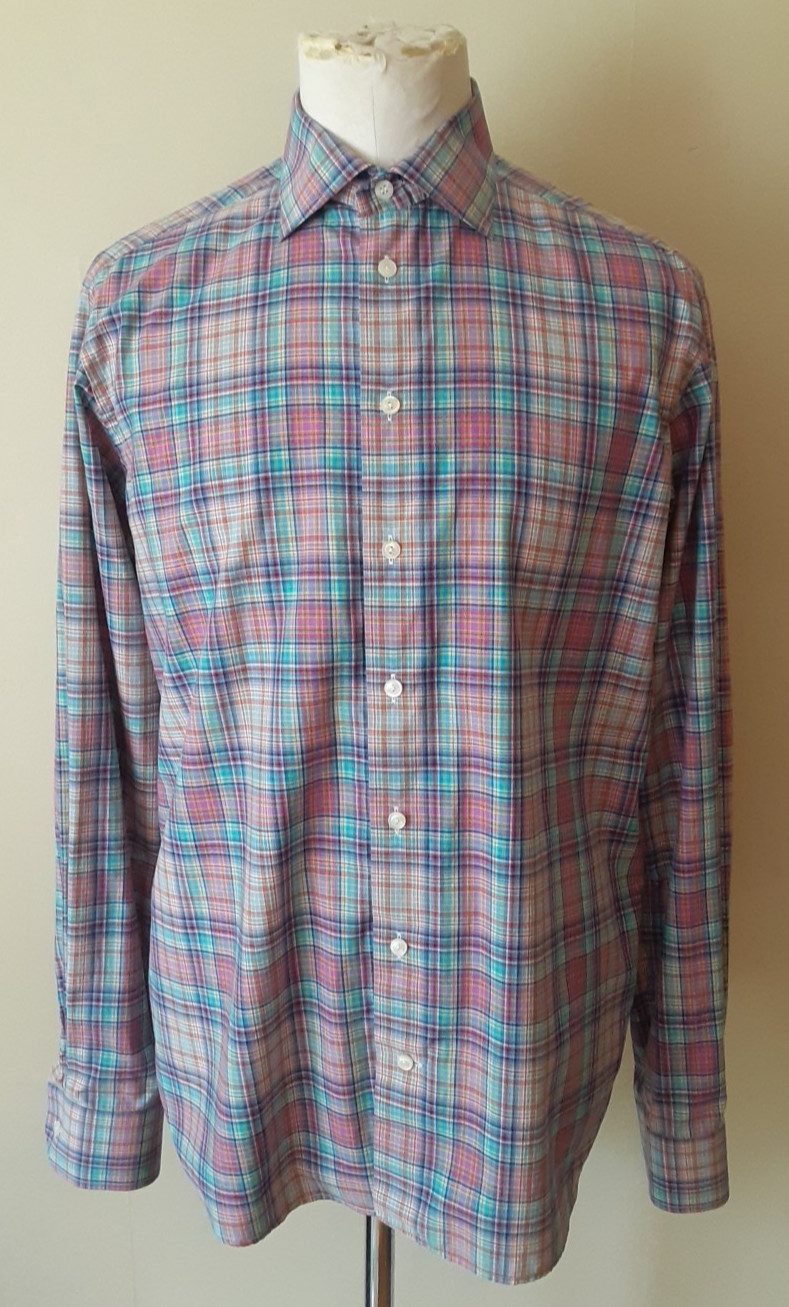 Eton Broadcloth Dress Shirt 47 – 17 Slim Multicolor Plaid Made in Romania