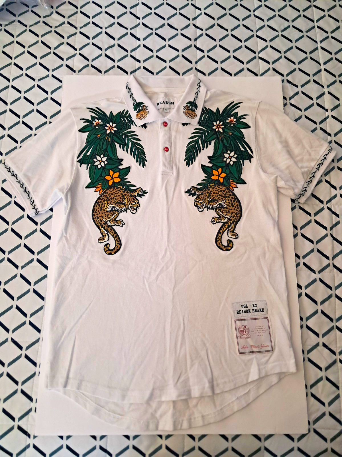 Reason Men’s White Cotton Short Sleeve Polo S Embroidered Leopard Tropical