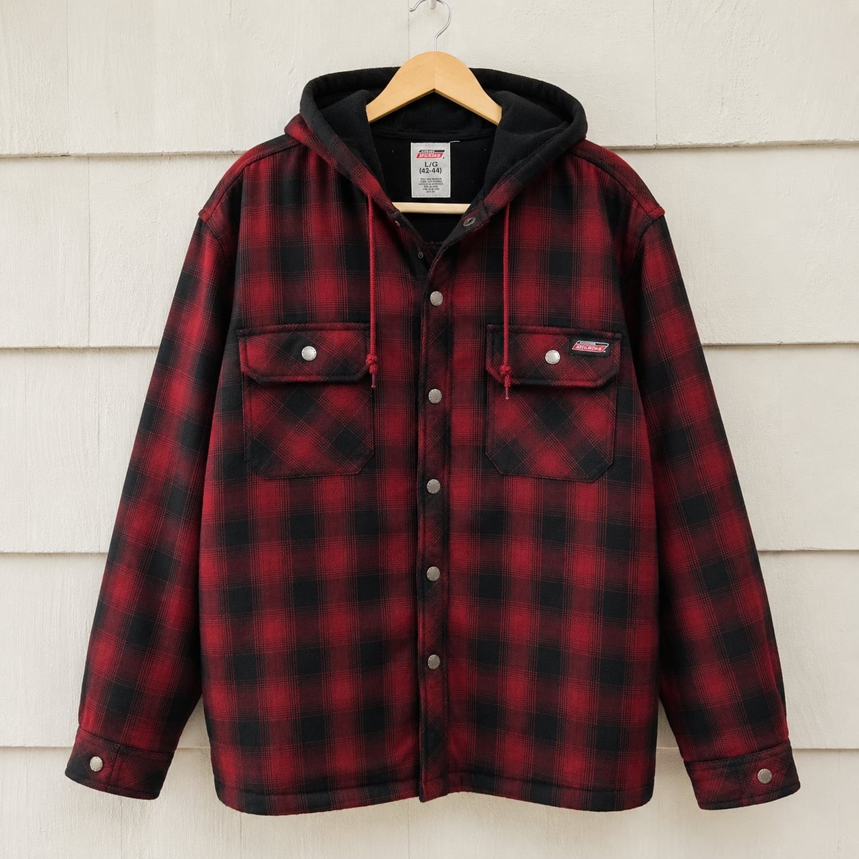 Dickies Hooded Flannel Jacket Red Black Plaid Fleece Lined Men’s Large LG