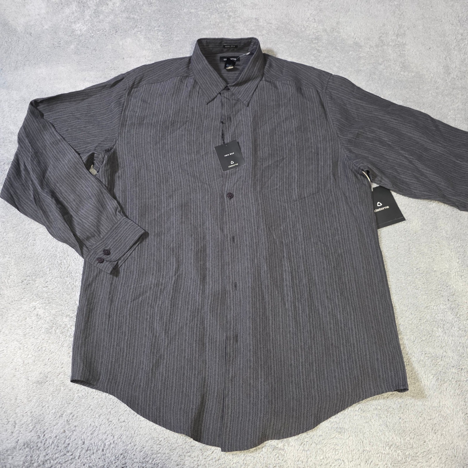 Claiborne Mens L Button Down Shirt Gray 100% Silk Herringbone MERU0862 NWT