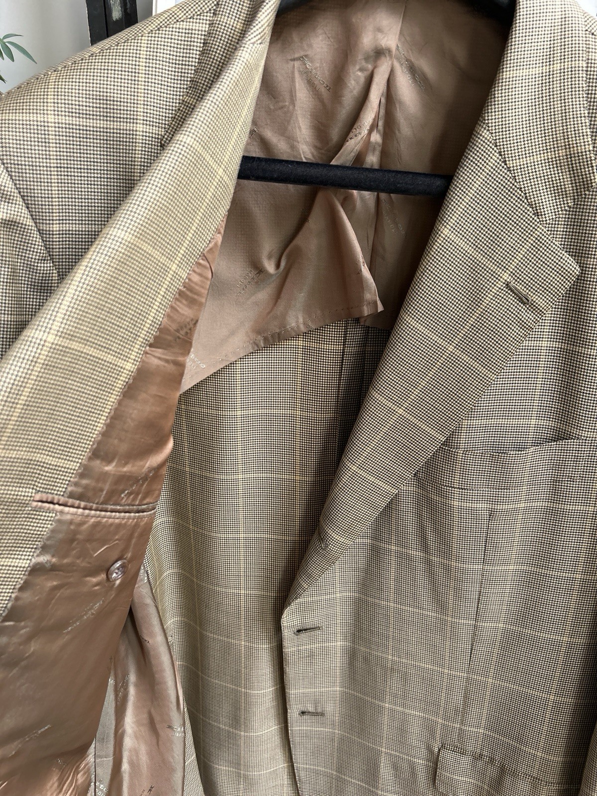 KITON men’s super 180’s sport jacket coat tan brown & blue check plaid US 48R