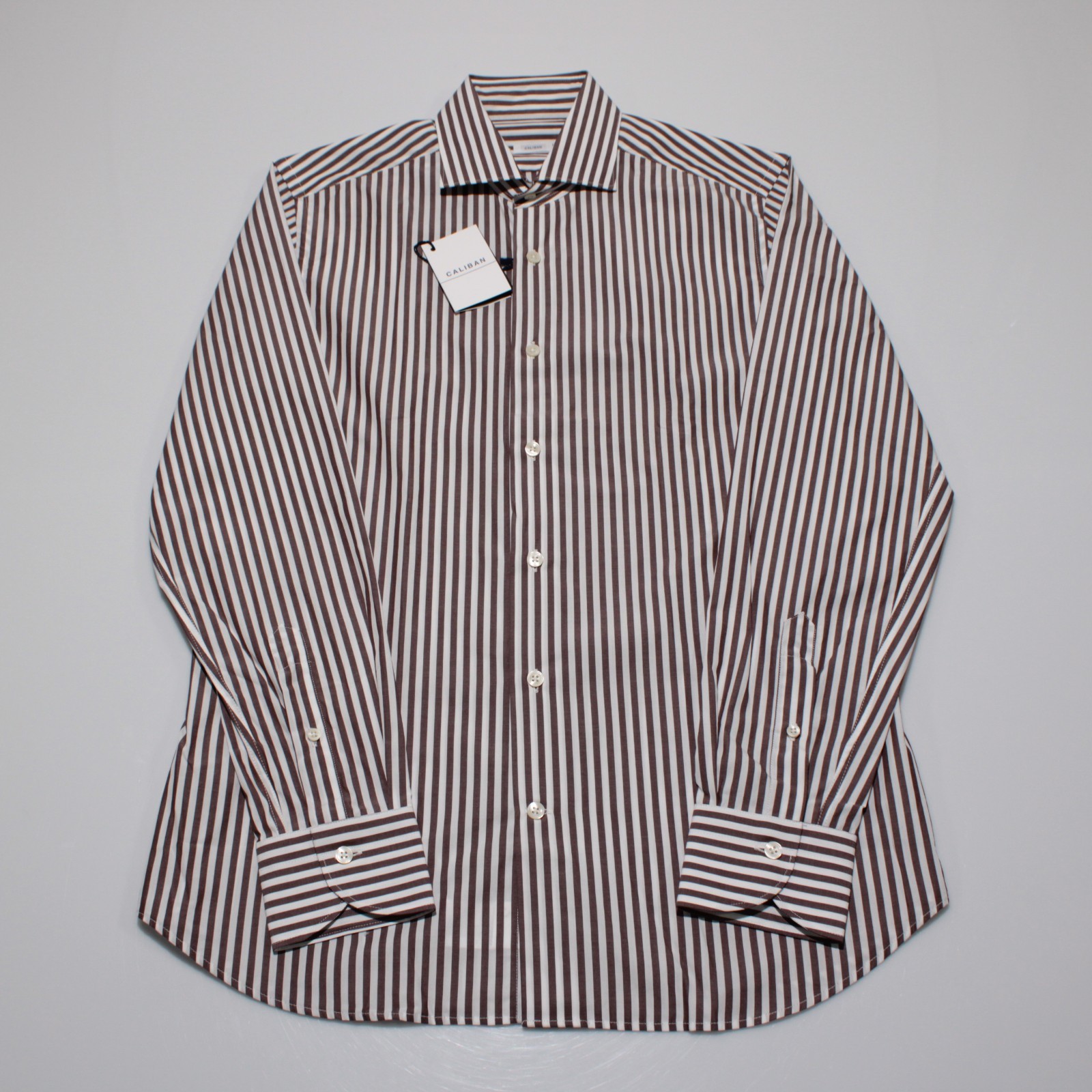 Caliban NWT Dress Shirt Size 40 15.75 Regular Brown & White Stripes 100% Cotton