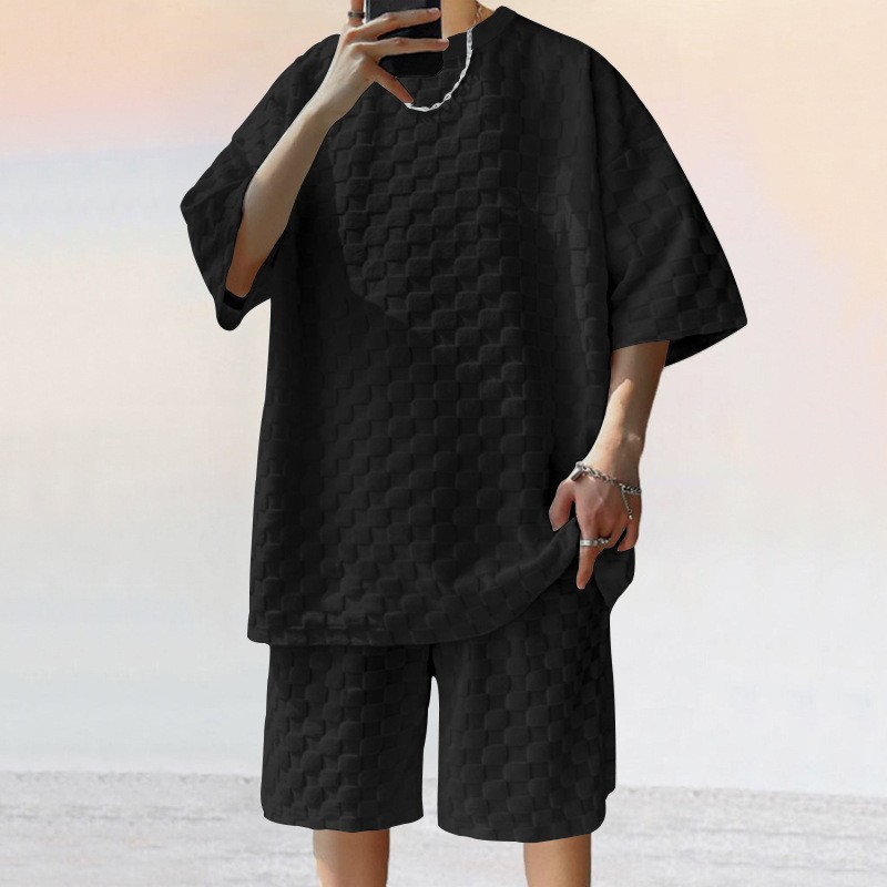 Men’s checkered spring and summer loose casual two-piece set