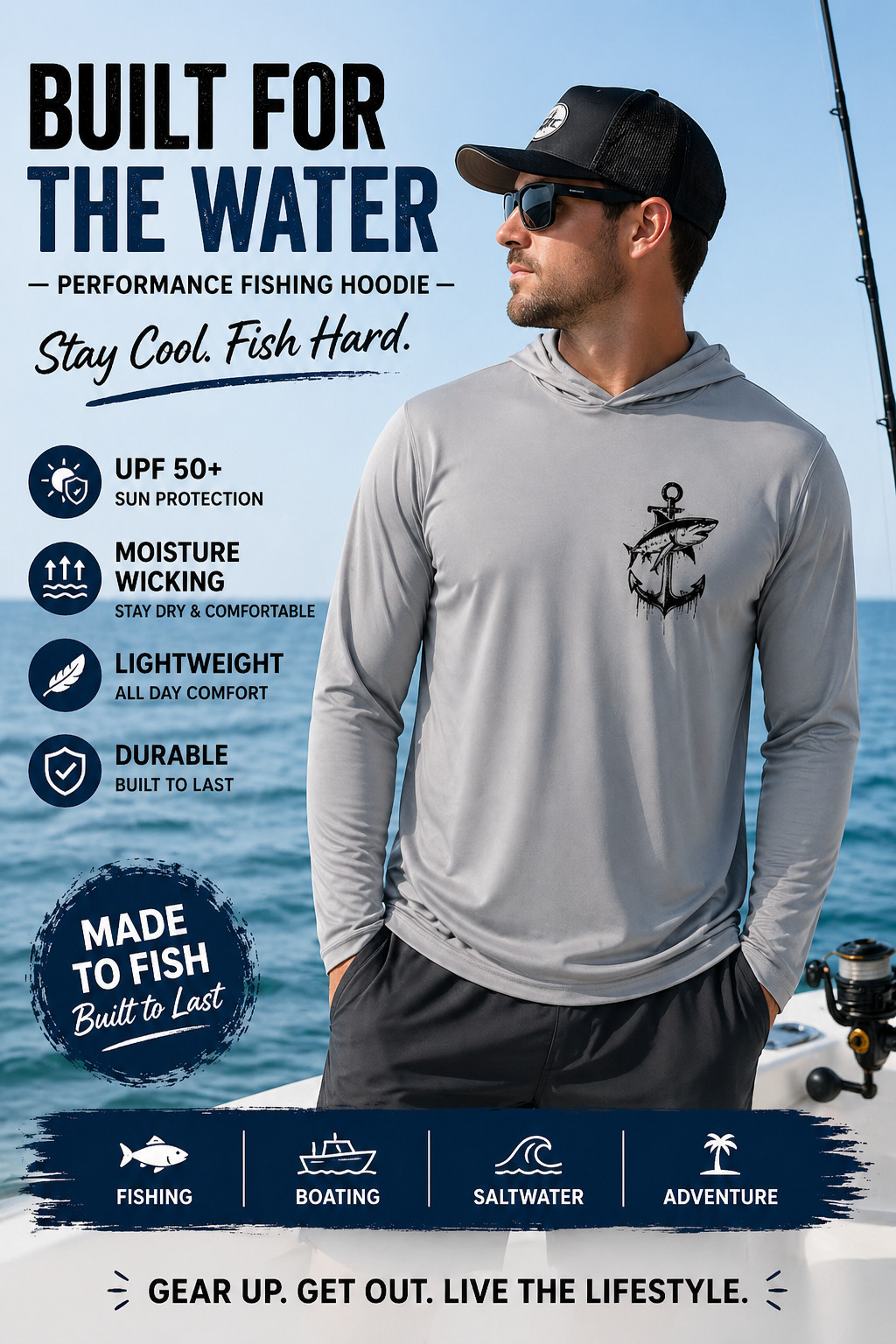 Shark Angler Boat Fishing T-Shirt UV Sun Protected UPF 50 Long Sleeve Hoodie