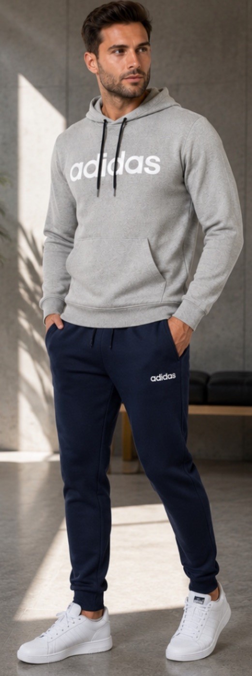 New Men’s Adidas MTS Cotton Hooded Tracksuit Navy Grey DV2456 Jacket Joggers L