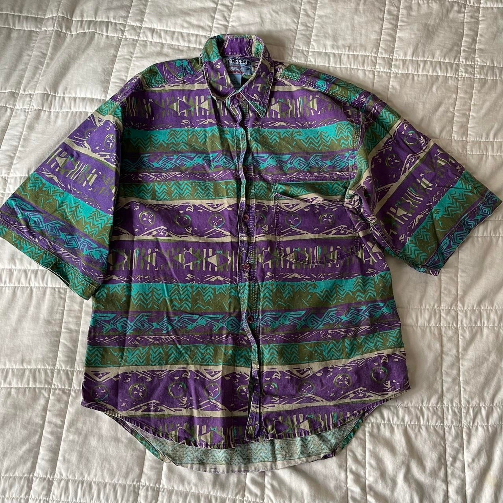 Vintage intropspect all over print tribal striped short sleeve shirt 90s small