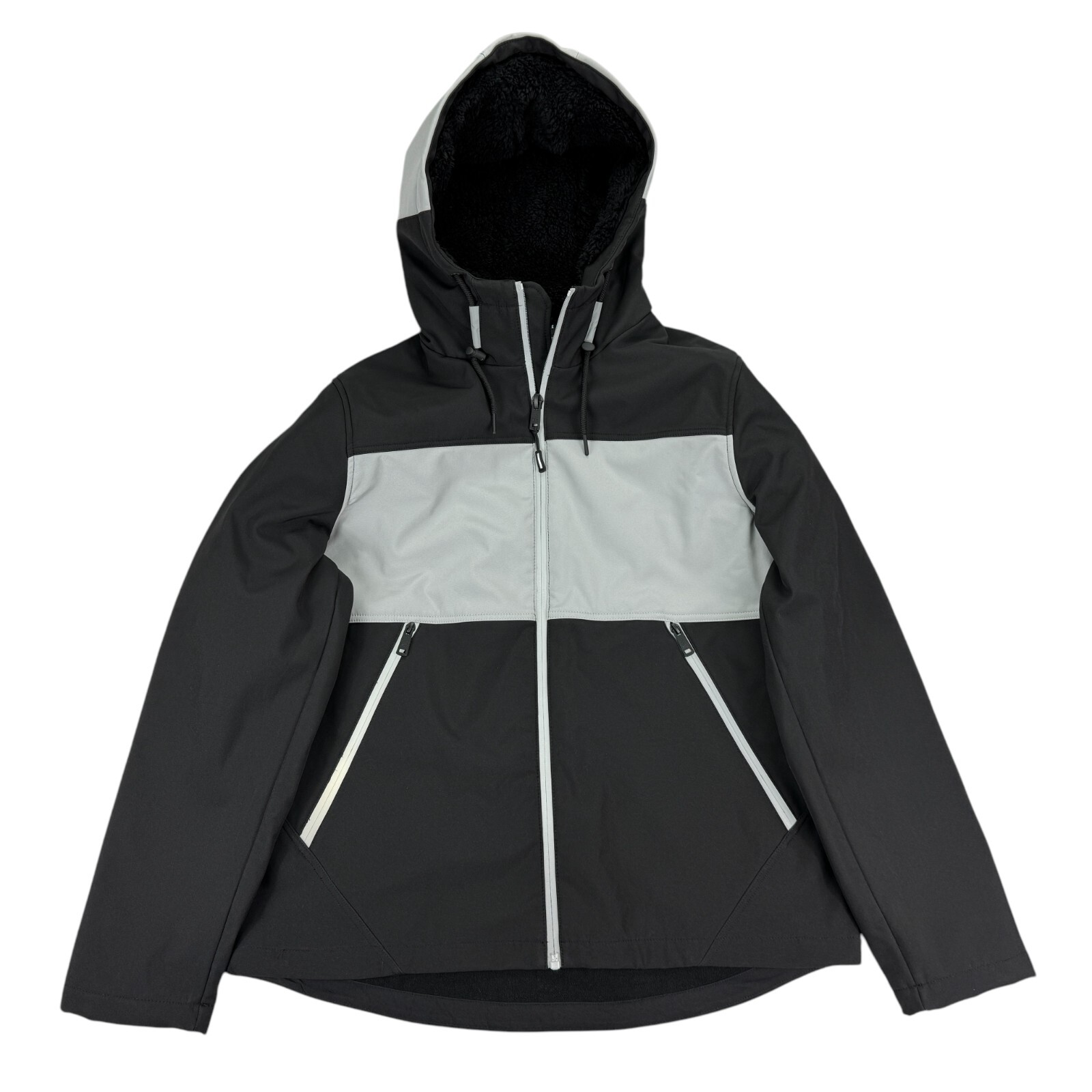 Kenneth Cole Mens Hooded Reflective Faux Fur-Lined Jacket Black Gray L