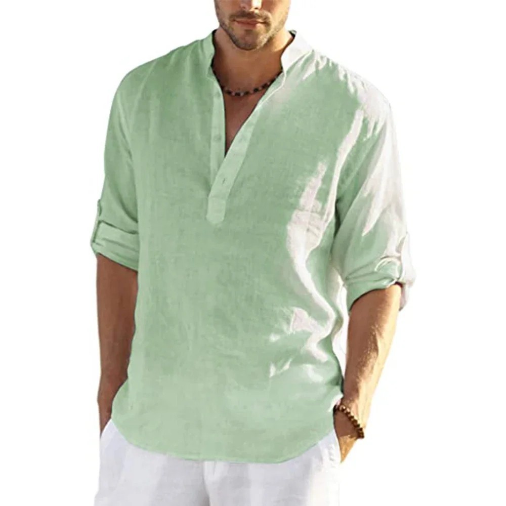 Men’s Cotton Linen Long Sleeve Shirt Casual Summer Beach Gym T-shirt Tee Gift