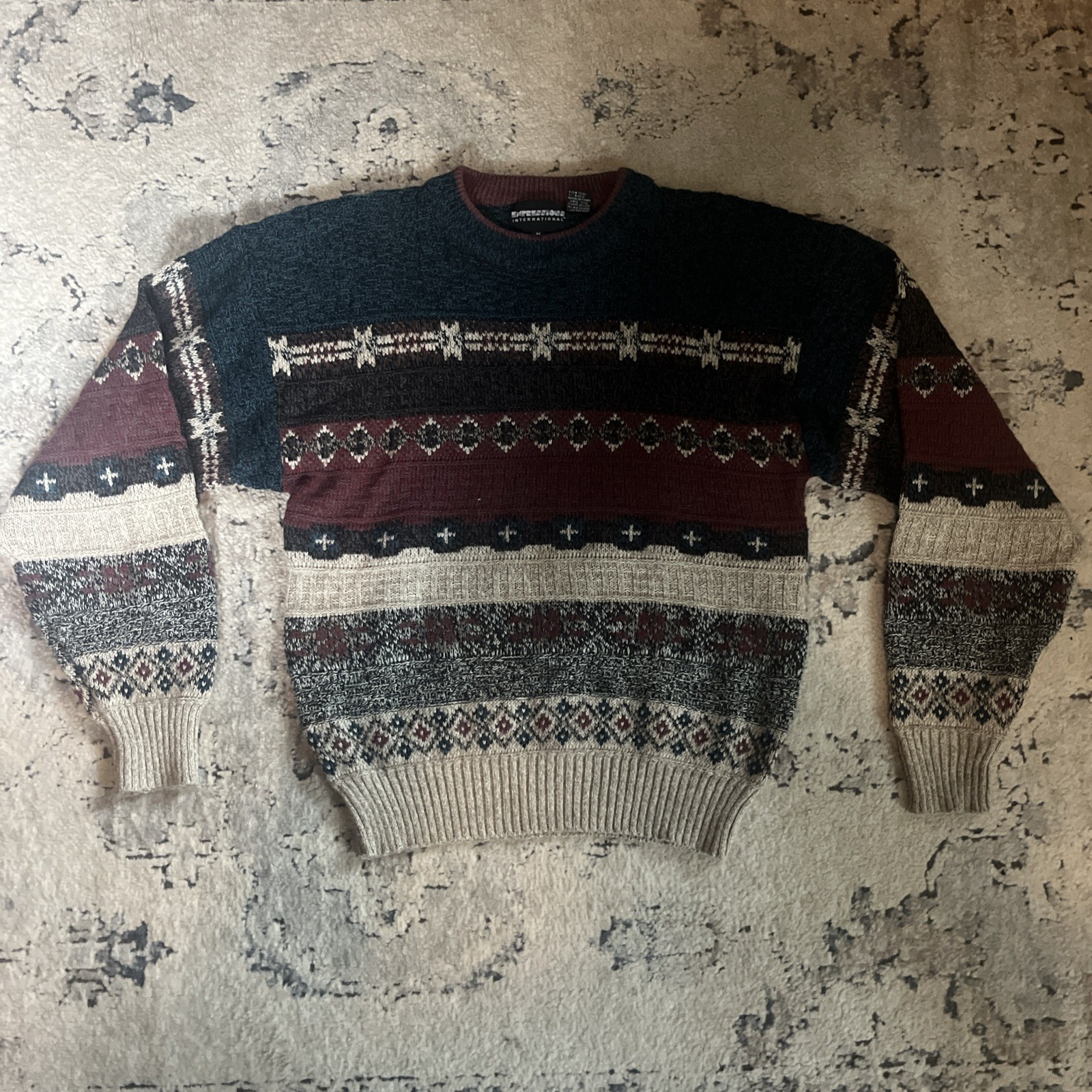 Vintage Expressions Sweater Mens Medium Geometric Tribal Acrylic 90s Colorful