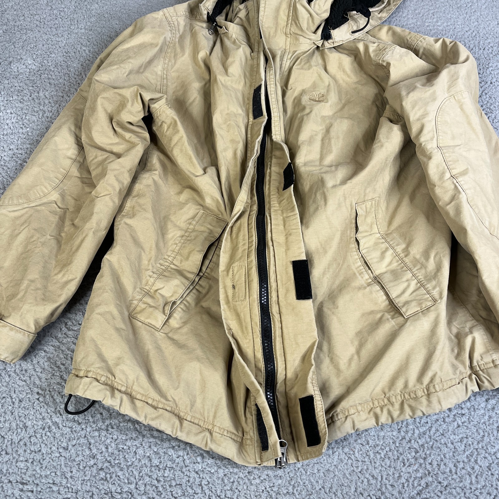 Timberland Stratham Issue Jacket Men Small Tan Khaki Removable Hood Full Zip