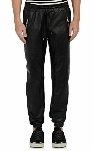 Men’s Jogging Bottom Trousers Black Leather Sweat Tracksuit Pant Relaxed