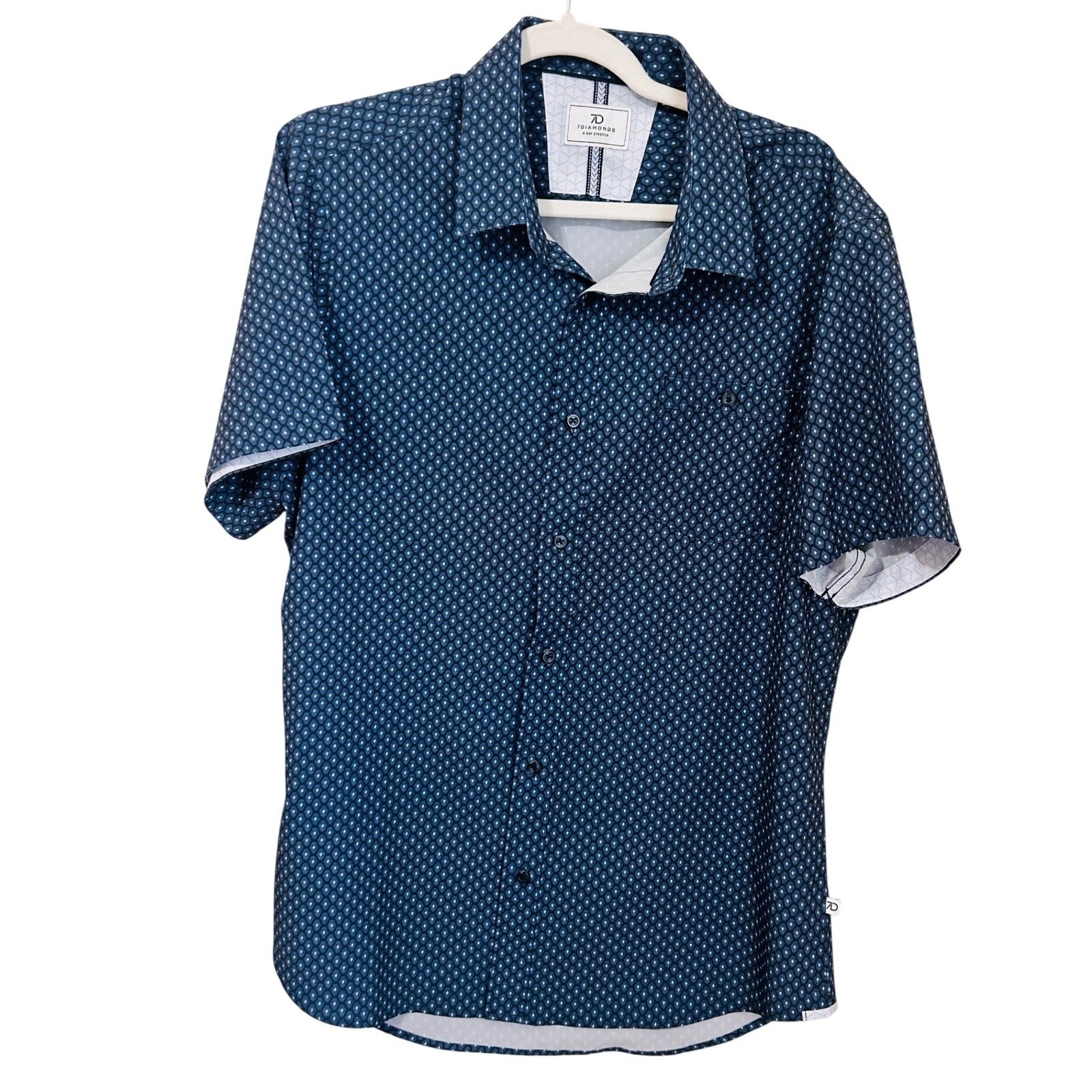 7 Diamonds Weston Mens Size L Navy Blue Geo 4-Way Stretch Short Sleeve Shirt