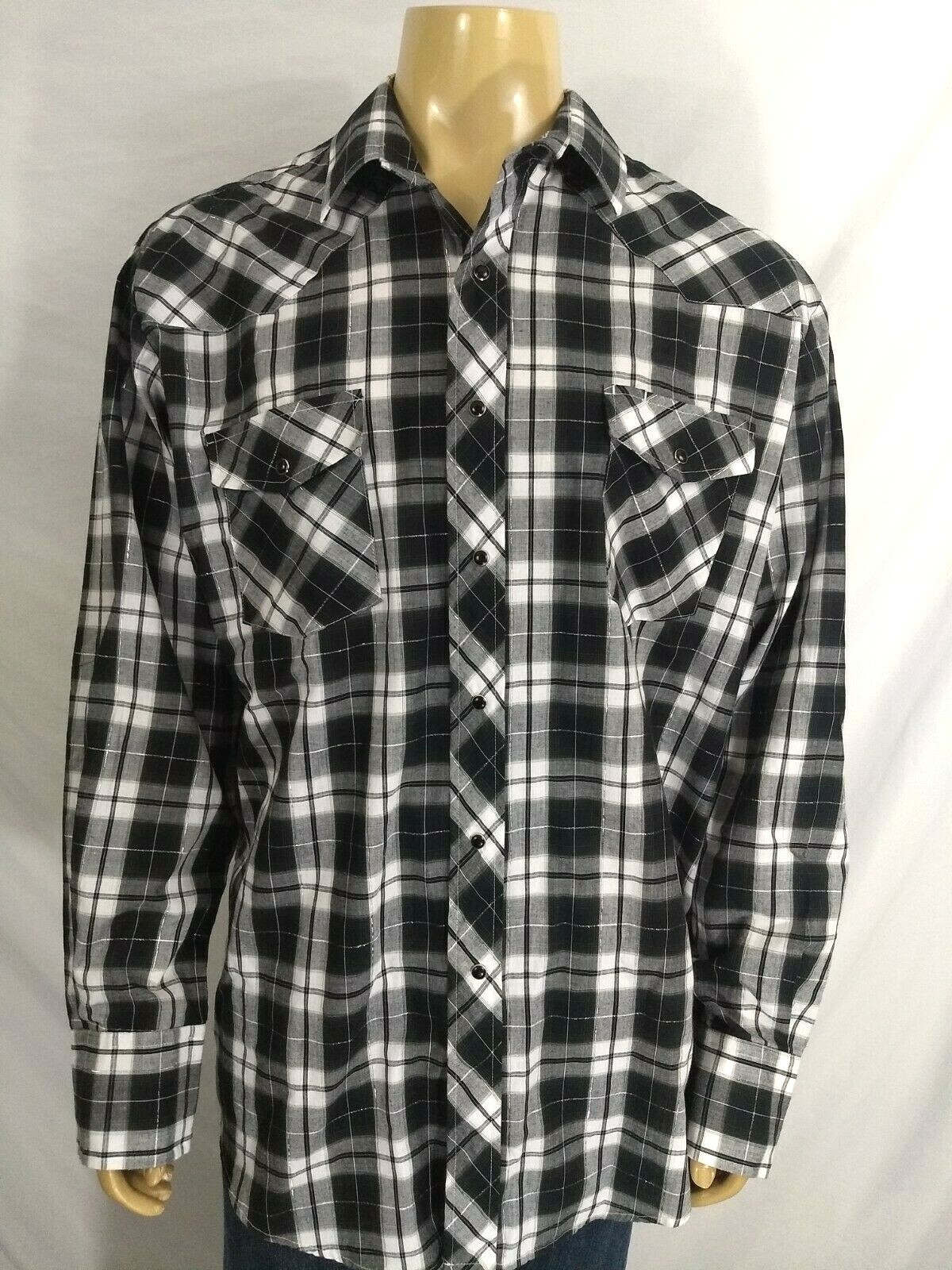 ROPER Western Snap Button Casual LS Shirt Men XL Black White Silver Check Cowboy
