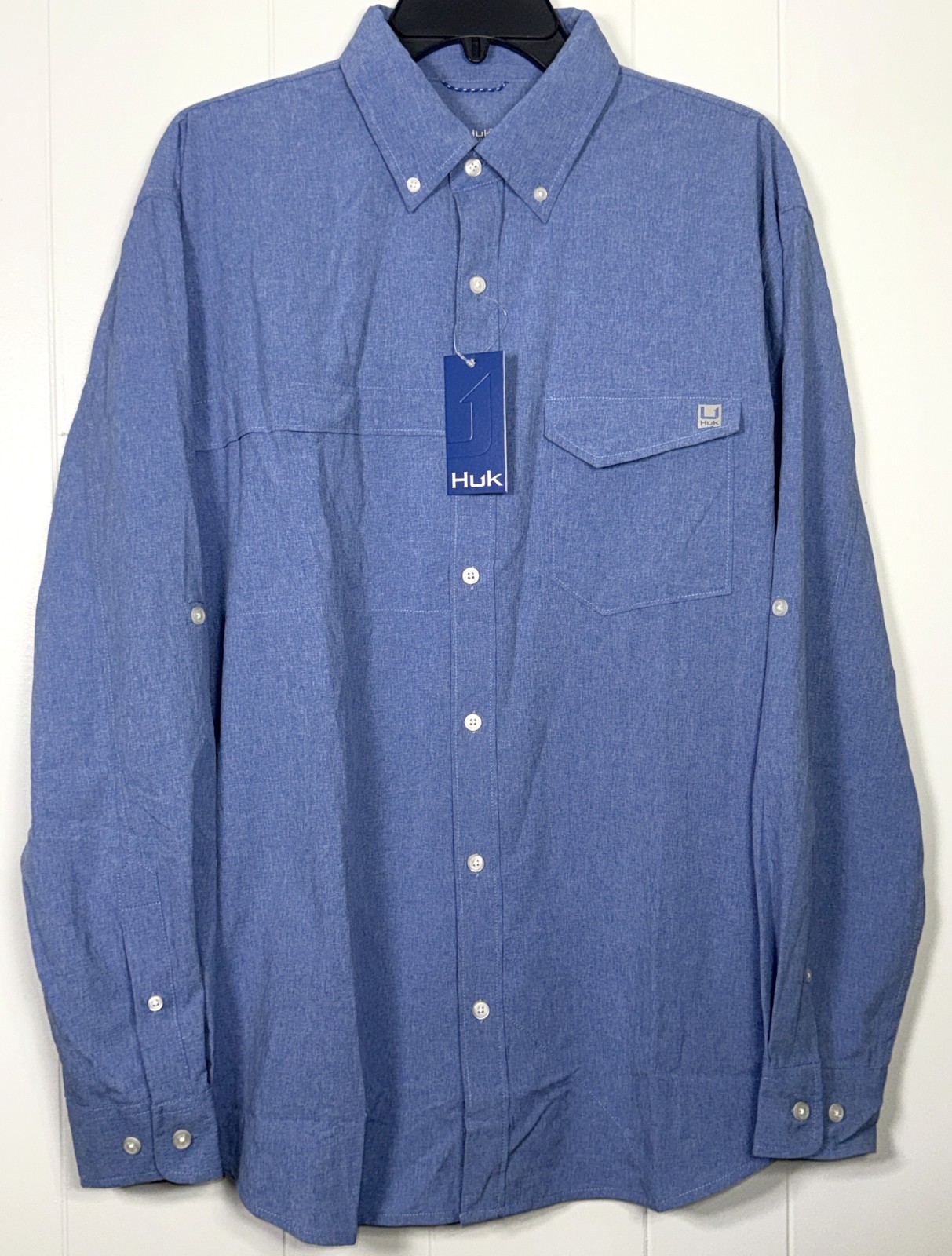Huk Tide Point Break Chambray Blue Fishing Outdoor Button-Up Long Sleeve Shirt L
