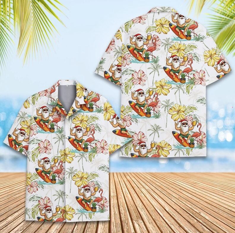 Surfing Santa Hawaiian Shirt for Men Women Youth, Christmas In July Santa Enjoy