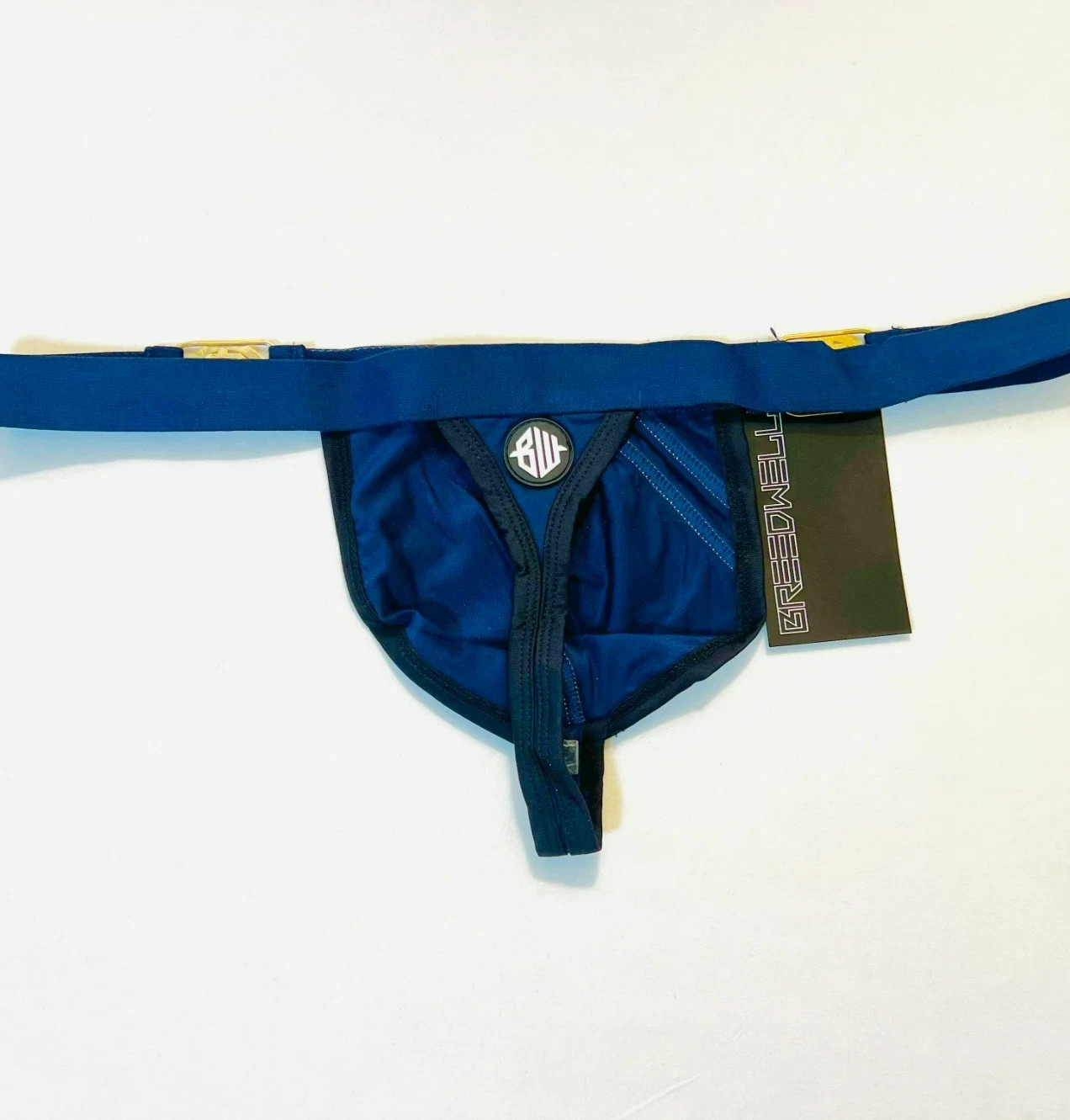 BREEDWELL Size L Locker Room T-Back Thong – Navy Blue/ Black/White/Silver