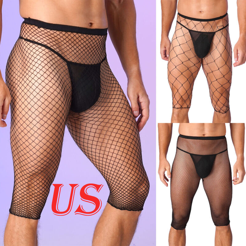 US Mens Fishnet See Through Stretchy Knee Length Pants Swimsuit Short Half Pants