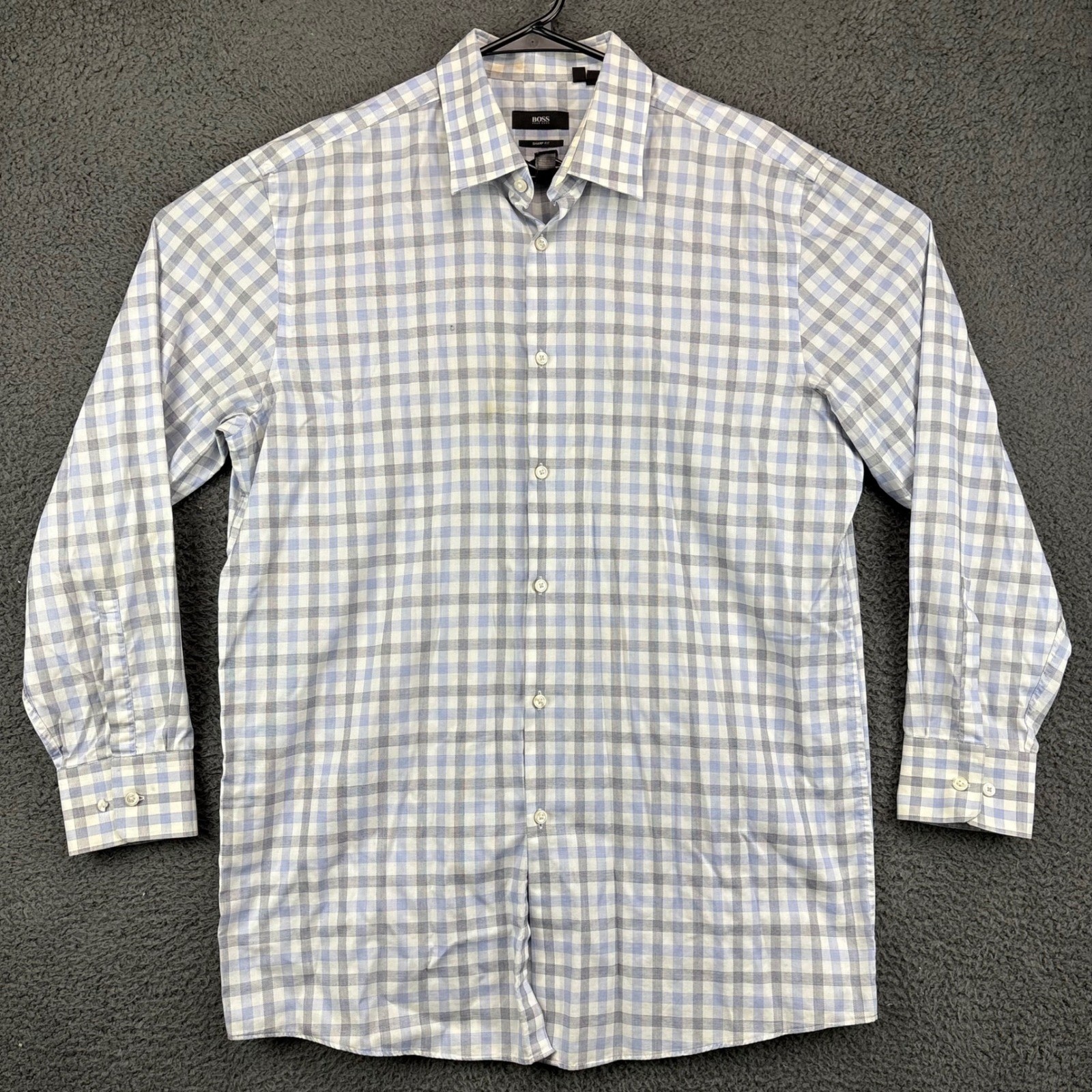 Boss Hugo Boss Sharp Fit Mens 17 32/33 Blue White Gingham Dress Shirt
