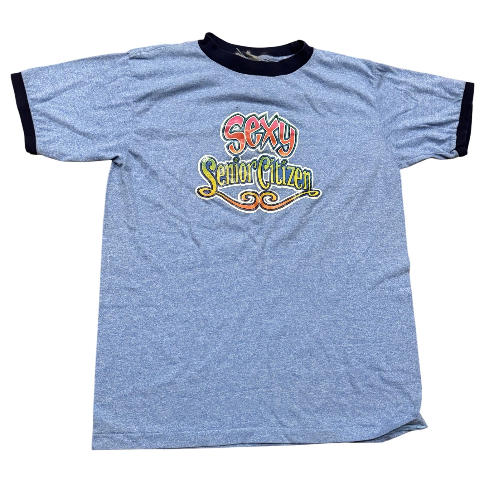 Vintage 80s 90s? Sexy Senior Citizen Ringer Tee Blue Size ? Cotton?