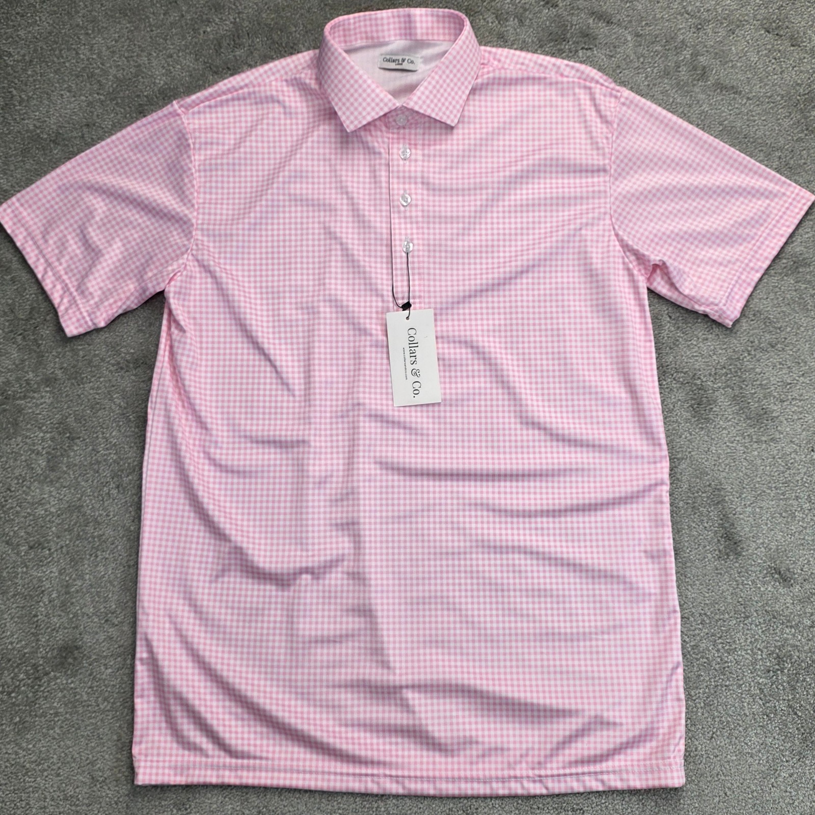 Collars and Co Men’s Dress Collar Stretch Polo Shirt Size L Pink White Gingham