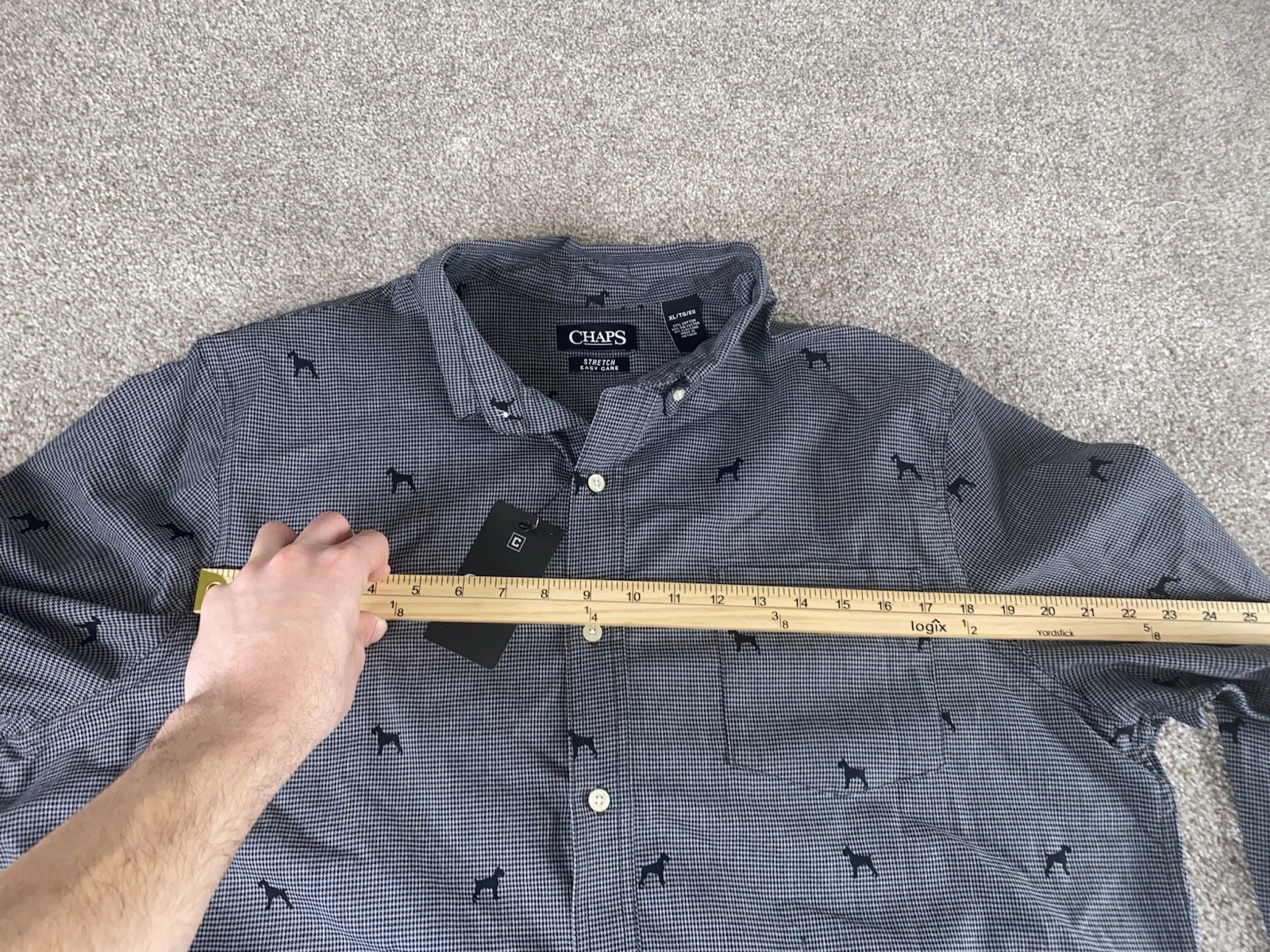 Chaps Stretch Easy Care Button Down Dog All Over print Gray Plaid Mens XL Preppy